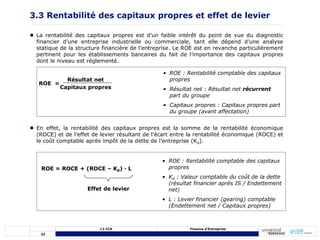 32
L3 CCA Finance d’Entreprise
 La rentabilité des capitaux propres est d’un faible intérêt du point de vue du diagnostic
financier d’une entreprise industrielle ou commerciale, tant elle dépend d’une analyse
statique de la structure financière de l’entreprise. Le ROE est en revanche particulièrement
pertinent pour les établissements bancaires du fait de l’importance des capitaux propres
dont le niveau est réglementé.
 En effet, la rentabilité des capitaux propres est la somme de la rentabilité économique
(ROCE) et de l’effet de levier résultant de l’écart entre la rentabilité économique (ROCE) et
le coût comptable après impôt de la dette de l’entreprise (Kd).
Capitaux propres
3.3 Rentabilité des capitaux propres et effet de levier
Résultat net
ROE =
• ROE : Rentabilité comptable des capitaux
propres
• Résultat net : Résultat net récurrent
part du groupe
• Capitaux propres : Capitaux propres part
du groupe (avant affectation)
ROE = ROCE + (ROCE – Kd) · L
• ROE : Rentabilité comptable des capitaux
propres
• Kd : Valeur comptable du coût de la dette
(résultat financier après IS / Endettement
net)
• L : Levier financier (gearing) comptable
(Endettement net / Capitaux propres)
Effet de levier
 