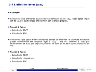 34
L3 CCA Finance d’Entreprise
3.4 L’effet de levier (suite)
 Exemple:
 Considérez une entreprise dans l’actif économique est de 100, l’EBIT après impôt
est de 10, qui est financée entièrement par capitaux propres.
 Travail à faire :
 Calculez le ROCE ;
 Calculez le ROE.
 Considérez que cette même entreprise décide de modifier la structure financière
(l’actif économique est toujours égal à 100) : elle est financée à 70% par
endettement et 30% par capitaux propres. Le coût de la dette après impôt est de
4%.
 Travail à faire :
 Calculez le ROCE ;
 Calculez le résultat net ;
 Calculez le ROE.
 
