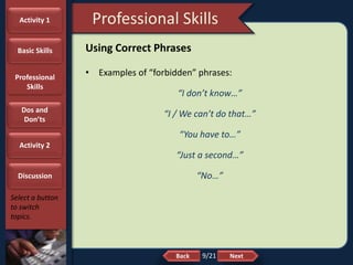 NextBack
Professional Skills
Select a button
to switch
topics.
Using Correct Phrases
• Examples of “forbidden” phrases:
“I don’t know…”
“I / We can’t do that…”
“You have to…”
“Just a second…”
“No…”
Activity 1
Basic Skills
Professional
Skills
Dos and
Don’ts
Activity 2
Discussion
9/21
 