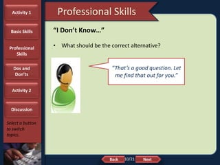 NextBack
Professional Skills
Select a button
to switch
topics.
“I Don’t Know…”
• What should be the correct alternative?
“That’s a good question. Let
me find that out for you.”
Activity 1
Basic Skills
Professional
Skills
Dos and
Don’ts
Activity 2
Discussion
10/21
 