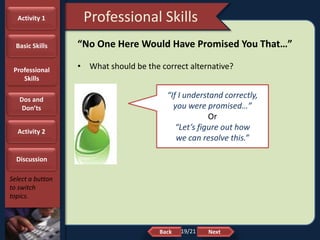 NextBack
Professional Skills
Select a button
to switch
topics.
“No One Here Would Have Promised You That…”
• What should be the correct alternative?
“If I understand correctly,
you were promised…”
Or
“Let’s figure out how
we can resolve this.”
Activity 1
Basic Skills
Professional
Skills
Dos and
Don’ts
Activity 2
Discussion
19/21
 