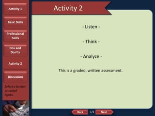 NextBack
Activity 2
Select a button
to switch
topics.
- Listen -
- Think -
- Analyze -
This is a graded, written assessment.
Activity 1
Basic Skills
Professional
Skills
Dos and
Don’ts
Activity 2
Discussion
1/1
 