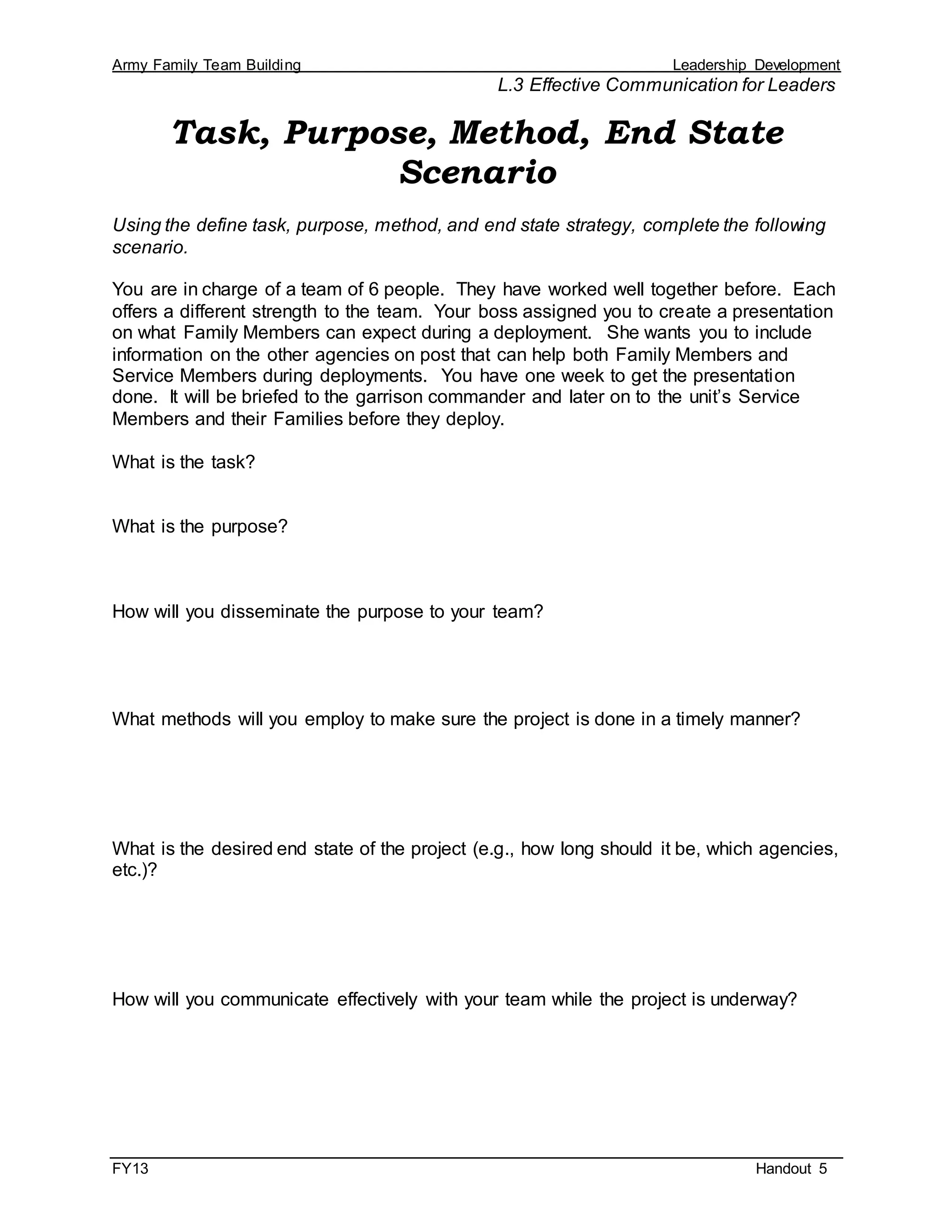Army Family Team Building Leadership Development
L.3 Effective Communication for Leaders
FY13 Handout 5
Task, Purpose, Method, End State
Scenario
Using the define task, purpose, method, and end state strategy, complete the following
scenario.
You are in charge of a team of 6 people. They have worked well together before. Each
offers a different strength to the team. Your boss assigned you to create a presentation
on what Family Members can expect during a deployment. She wants you to include
information on the other agencies on post that can help both Family Members and
Service Members during deployments. You have one week to get the presentation
done. It will be briefed to the garrison commander and later on to the unit’s Service
Members and their Families before they deploy.
What is the task?
What is the purpose?
How will you disseminate the purpose to your team?
What methods will you employ to make sure the project is done in a timely manner?
What is the desired end state of the project (e.g., how long should it be, which agencies,
etc.)?
How will you communicate effectively with your team while the project is underway?
 