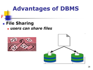 Advantages of DBMS
 File Sharing
 users can share files
28
 