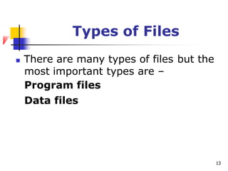 Types of Files
 There are many types of files but the
most important
Program files
types are –
Data files
13
 