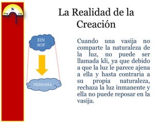La Realidad de la CreaciónEIN SOFCuando una vasija no comparte la naturaleza de la luz, no puede ser llamada kli, ya que debido a que la luz le parece ajena a ella y hasta contraria a su propia naturaleza, rechaza la luz inmanente y ella no puede reposar en la vasija.NESHAMA