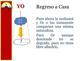Regreso a CasaYOPues ahora la neshamá y Or o luz inmanente comparten una misma naturaleza.Pues Or aunque desciende no se degrada, pues no tiene libre albedrío.EIN SOFyo