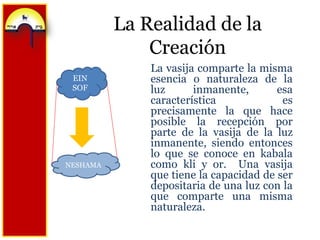 La Realidad de la CreaciónLa vasija comparte la misma esencia o naturaleza de la luz inmanente, esa característica es precisamente la que hace posible la recepción por parte de la vasija de la luz inmanente, siendo entonces lo que se conoce en kabala como kli y or.  Una vasija que tiene la capacidad de ser depositaria de una luz con la que comparte una misma naturaleza.EIN SOFNESHAMA