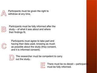 Participants must be given the right to
withdraw at any time,




Participants must be fully informed after the
study – of what it was about and where
their findings fit.


  Participants must agree to take part and
  having their data used, knowing as mush
  as possible about the study (they consent,
  and it is informed consent).

       The researcher must be competent to carry
       out the study..
                                     There must be no deceit – participants
                                     must be fully informed.
 