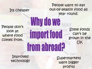 Its cheaper
People want to eat
out-of-season food all
year round.
Some foods
can’t be
grown in the
UK
Improved
technology
Supermarkets
want bigger
profits
People don’t
look at
where food
comes from.
 