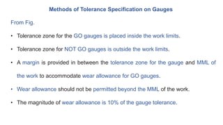 Methods of Tolerance Specification on Gauges
From Fig.
• Tolerance zone for the GO gauges is placed inside the work limits.
• Tolerance zone for NOT GO gauges is outside the work limits.
• A margin is provided in between the tolerance zone for the gauge and MML of
the work to accommodate wear allowance for GO gauges.
• Wear allowance should not be permitted beyond the MML of the work.
• The magnitude of wear allowance is 10% of the gauge tolerance.
 