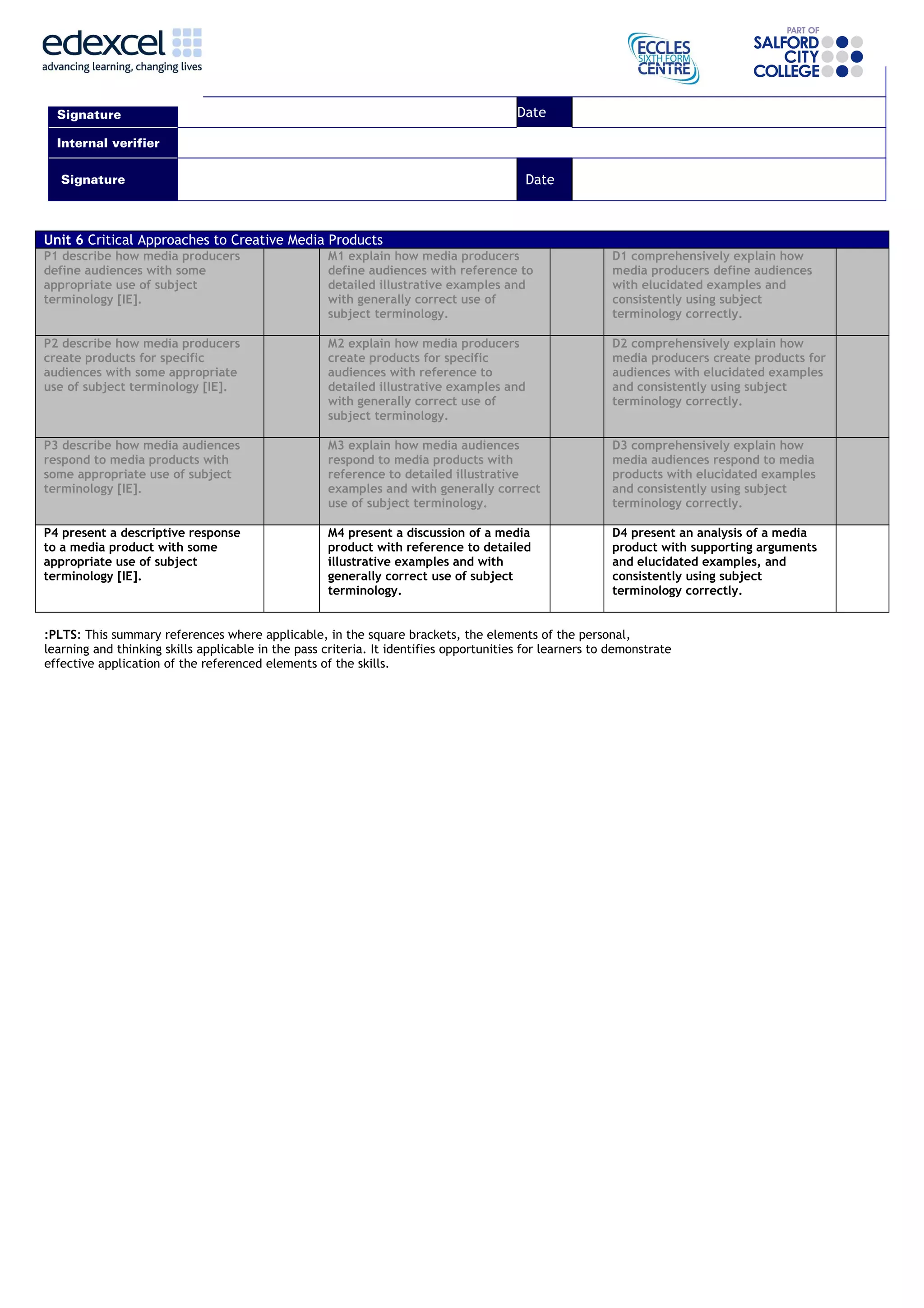 Signature Date 
Internal verifier 
Signature Date 
Unit 6 Critical Approaches to Creative Media Products 
P1 describe how media producers 
define audiences with some 
appropriate use of subject 
terminology [IE]. 
M1 explain how media producers 
define audiences with reference to 
detailed illustrative examples and 
with generally correct use of 
subject terminology. 
D1 comprehensively explain how 
media producers define audiences 
with elucidated examples and 
consistently using subject 
terminology correctly. 
P2 describe how media producers 
create products for specific 
audiences with some appropriate 
use of subject terminology [IE]. 
M2 explain how media producers 
create products for specific 
audiences with reference to 
detailed illustrative examples and 
with generally correct use of 
subject terminology. 
D2 comprehensively explain how 
media producers create products for 
audiences with elucidated examples 
and consistently using subject 
terminology correctly. 
P3 describe how media audiences 
respond to media products with 
some appropriate use of subject 
terminology [IE]. 
M3 explain how media audiences 
respond to media products with 
reference to detailed illustrative 
examples and with generally correct 
use of subject terminology. 
D3 comprehensively explain how 
media audiences respond to media 
products with elucidated examples 
and consistently using subject 
terminology correctly. 
P4 present a descriptive response 
to a media product with some 
appropriate use of subject 
terminology [IE]. 
M4 present a discussion of a media 
product with reference to detailed 
illustrative examples and with 
generally correct use of subject 
terminology. 
D4 present an analysis of a media 
product with supporting arguments 
and elucidated examples, and 
consistently using subject 
terminology correctly. 
:PLTS: This summary references where applicable, in the square brackets, the elements of the personal, 
learning and thinking skills applicable in the pass criteria. It identifies opportunities for learners to demonstrate 
effective application of the referenced elements of the skills. 
