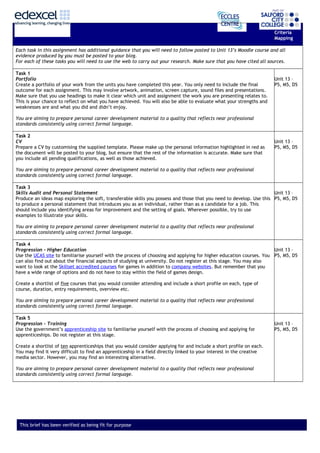 Criteria
Mapping
Each task in this assignment has additional guidance that you will need to follow posted to Unit 13’s Moodle course and all
evidence produced by you must be posted to your blog.
For each of these tasks you will need to use the web to carry out your research. Make sure that you have cited all sources.
Task 1
Portfolio
Create a portfolio of your work from the units you have completed this year. You only need to include the final
outcome for each assignment. This may involve artwork, animation, screen capture, sound files and presentations.
Make sure that you use headings to make it clear which unit and assignment the work you are presenting relates to.
This is your chance to reflect on what you have achieved. You will also be able to evaluate what your strengths and
weaknesses are and what you did and didn’t enjoy.
You are aiming to prepare personal career development material to a quality that reflects near professional
standards consistently using correct formal language.
Unit 13 –
P5, M5, D5
Task 2
CV
Prepare a CV by customising the supplied template. Please make up the personal information highlighted in red as
the document will be posted to your blog, but ensure that the rest of the information is accurate. Make sure that
you include all pending qualifications, as well as those achieved.
You are aiming to prepare personal career development material to a quality that reflects near professional
standards consistently using correct formal language.
Unit 13 –
P5, M5, D5
Task 3
Skills Audit and Personal Statement
Produce an ideas map exploring the soft, transferable skills you possess and those that you need to develop. Use this
to produce a personal statement that introduces you as an individual, rather than as a candidate for a job. This
should include you identifying areas for improvement and the setting of goals. Wherever possible, try to use
examples to illustrate your skills.
You are aiming to prepare personal career development material to a quality that reflects near professional
standards consistently using correct formal language.
Unit 13 –
P5, M5, D5
Task 4
Progression – Higher Education
Use the UCAS site to familiarise yourself with the process of choosing and applying for higher education courses. You
can also find out about the financial aspects of studying at university. Do not register at this stage. You may also
want to look at the Skillset accredited courses for games in addition to company websites. But remember that you
have a wide range of options and do not have to stay within the field of games design.
Create a shortlist of five courses that you would consider attending and include a short profile on each, type of
course, duration, entry requirements, overview etc.
You are aiming to prepare personal career development material to a quality that reflects near professional
standards consistently using correct formal language.
Unit 13 –
P5, M5, D5
Task 5
Progression – Training
Use the government’s apprenticeship site to familiarise yourself with the process of choosing and applying for
apprenticeships. Do not register at this stage.
Create a shortlist of ten apprenticeships that you would consider applying for and include a short profile on each.
You may find it very difficult to find an apprenticeship in a field directly linked to your interest in the creative
media sector. However, you may find an interesting alternative.
You are aiming to prepare personal career development material to a quality that reflects near professional
standards consistently using correct formal language.
Unit 13 –
P5, M5, D5
This brief has been verified as being fit for purpose
 