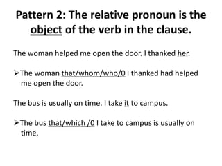 Pattern 2: The relative pronoun is the
object of the verb in the clause.
The woman helped me open the door. I thanked her.
The woman that/whom/who/0 I thanked had helped
me open the door.
The bus is usually on time. I take it to campus.
The bus that/which /0 I take to campus is usually on
time.
 