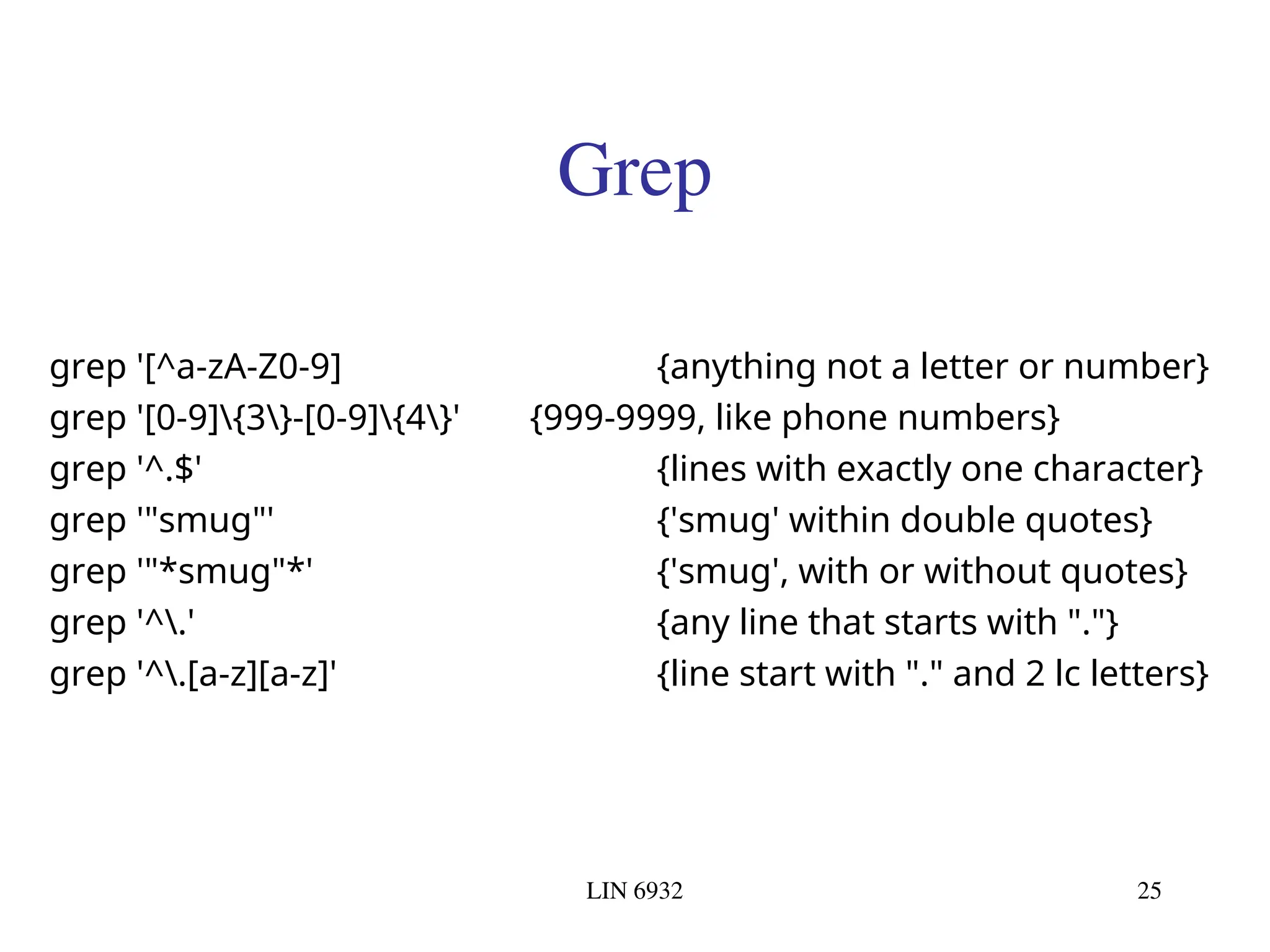 LIN 6932 25 Grep grep '[^a-zA-Z0-9] {anything not a letter or number} grep '[0-9]{3}-[0-9]{4}' {999-9999, like phone numbers} grep '^.$' {lines with exactly one character} grep '"smug"' {'smug' within double quotes} grep '"*smug"*' {'smug', with or without quotes} grep '^.' {any line that starts with "."} grep '^.[a-z][a-z]' {line start with "." and 2 lc letters} 
