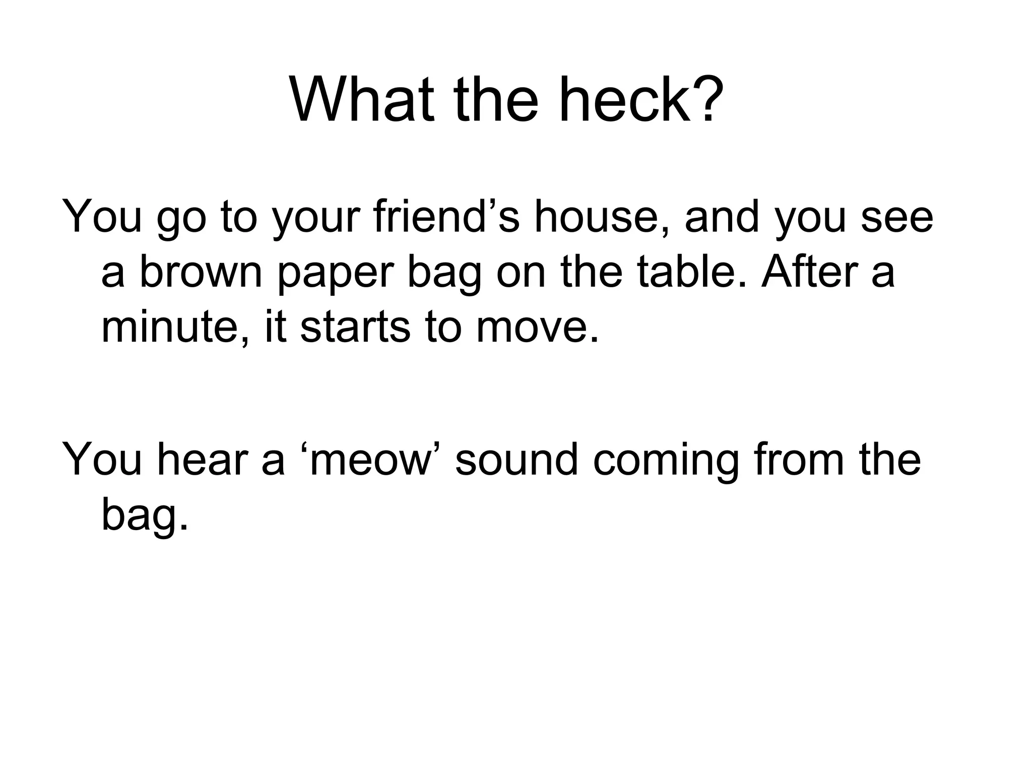 What the heck?
You go to your friend’s house, and you see
a brown paper bag on the table. After a
minute, it starts to move.
You hear a ‘meow’ sound coming from the
bag.
 