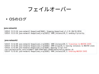 フェイルオーバー 
● OSのログ 
juno-network1 
12月 01 12:51:59 juno-network1 Keepalived[3668]: Stopping Keepalived v1.2.10 (06/10,2014)...