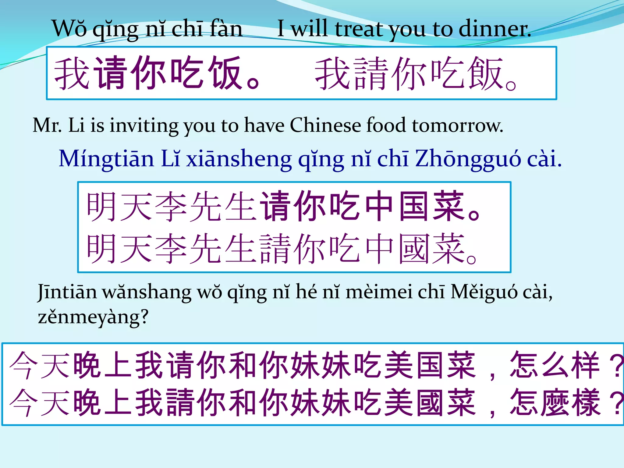 Wŏ qĭng nĭ chī fàn       I will treat you to dinner.

  我请你吃饭。 我請你吃飯。
Mr. Li is inviting you to have Chinese food tomorrow.
  Míngtiān Lĭ xiānsheng qĭng nĭ chī Zhōngguó cài.

     明天李先生请你吃中国菜。
     明天李先生請你吃中國菜。
Jīntiān wănshang wŏ qĭng nĭ hé nĭ mèimei chī Měiguó cài,
zěnmey{ng?

今天晚上我请你和你妹妹吃美国菜，怎么样？
今天晚上我請你和你妹妹吃美國菜，怎麼樣？
 