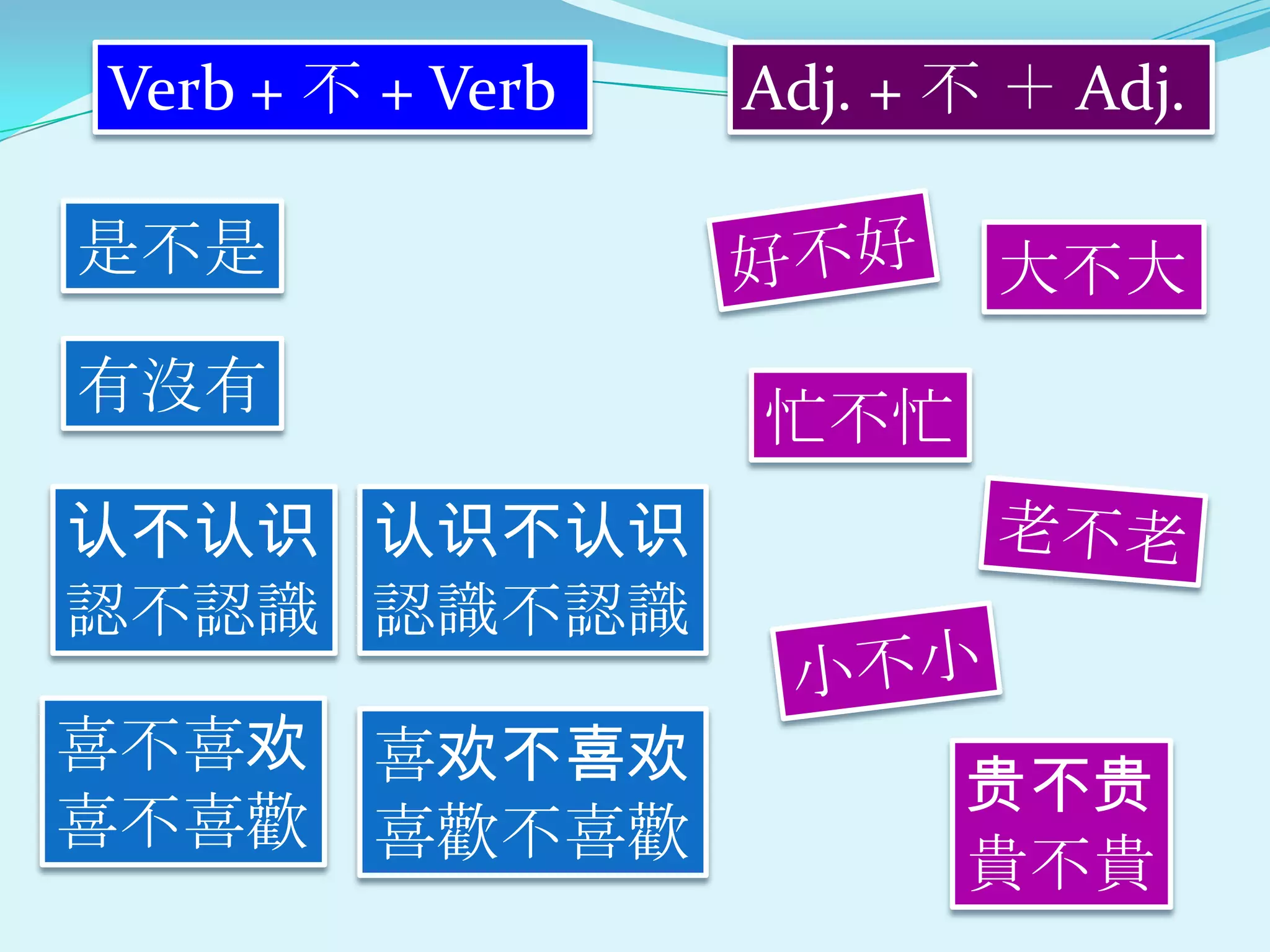 Verb + 不 + Verb   Adj. + 不 ＋ Adj.

是不是                       大不大
有沒有               忙不忙
认不认识 认识不认识
認不認識 認識不認識

喜不喜欢 喜欢不喜欢
                         贵不贵
喜不喜歡 喜歡不喜歡
                         貴不貴
 