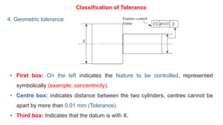 4. Geometric tolerance
Classification of Tolerance
• First box: On the left indicates the feature to be controlled, represented
symbolically (example: concentricity).
• Centre box: indicates distance between the two cylinders, centres cannot be
apart by more than 0.01 mm (Tolerance).
• Third box: Indicates that the datum is with X.
 
