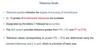 • Tolerance grades indicates the degree of accuracy of manufacture.
• IS: 18 grades of fundamental tolerances are available.
• Designated by the letters IT followed by a number.
• The ISO system provides tolerance grades from IT01, IT0, and IT1 to IT16.
• Tolerance values corresponding to grades IT5 – IT16 are determined using the
standard tolerance unit (i, in μm), which is a function of basic size.
Tolerance Grade
 