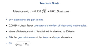 Tolerance Grade
• D = diameter of the part in mm.
• 0.001D = Linear factor counteracts the effect of measuring inaccuracies.
• Value of tolerance unit ‘i ’ is obtained for sizes up to 500 mm.
• D is the geometric mean of the lower and upper diameters.
• D=
Tolerance unit,
 