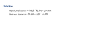 Solution
Maximum clearance = 50.025 - 49.975 = 0.05 mm
Minimum clearance = 50.000 - 49.991 = 0.009
 