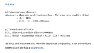 Solution
(e) Since both maximum and minimum clearances are positive, it can be conclude
that the given pair has a clearanc...