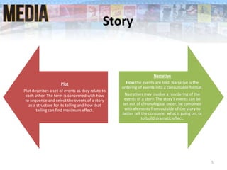Story
Plot
Plot describes a set of events as they relate to
each other. The term is concerned with how
to sequence and select the events of a story
as a structure for its telling and how that
telling can find maximum effect.
Narrative
How the events are told. Narrative is the
ordering of events into a consumable format.
Narratives may involve a reordering of the
events of a story. The story’s events can be
set out of chronological order; be combined
with elements from outside of the story to
better tell the consumer what is going on; or
to build dramatic effect.
5
 