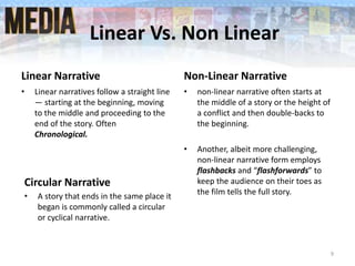 Linear Vs. Non Linear
Linear Narrative
• Linear narratives follow a straight line
— starting at the beginning, moving
to the middle and proceeding to the
end of the story. Often
Chronological.
Non-Linear Narrative
• non-linear narrative often starts at
the middle of a story or the height of
a conflict and then double-backs to
the beginning.
• Another, albeit more challenging,
non-linear narrative form employs
flashbacks and “flashforwards” to
keep the audience on their toes as
the film tells the full story.
Circular Narrative
• A story that ends in the same place it
began is commonly called a circular
or cyclical narrative.
9
 