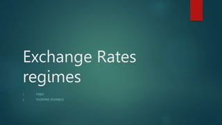 Exchange Rates
regimes
1. FIXED
2. FLOATING (FLEXIBLE)
 