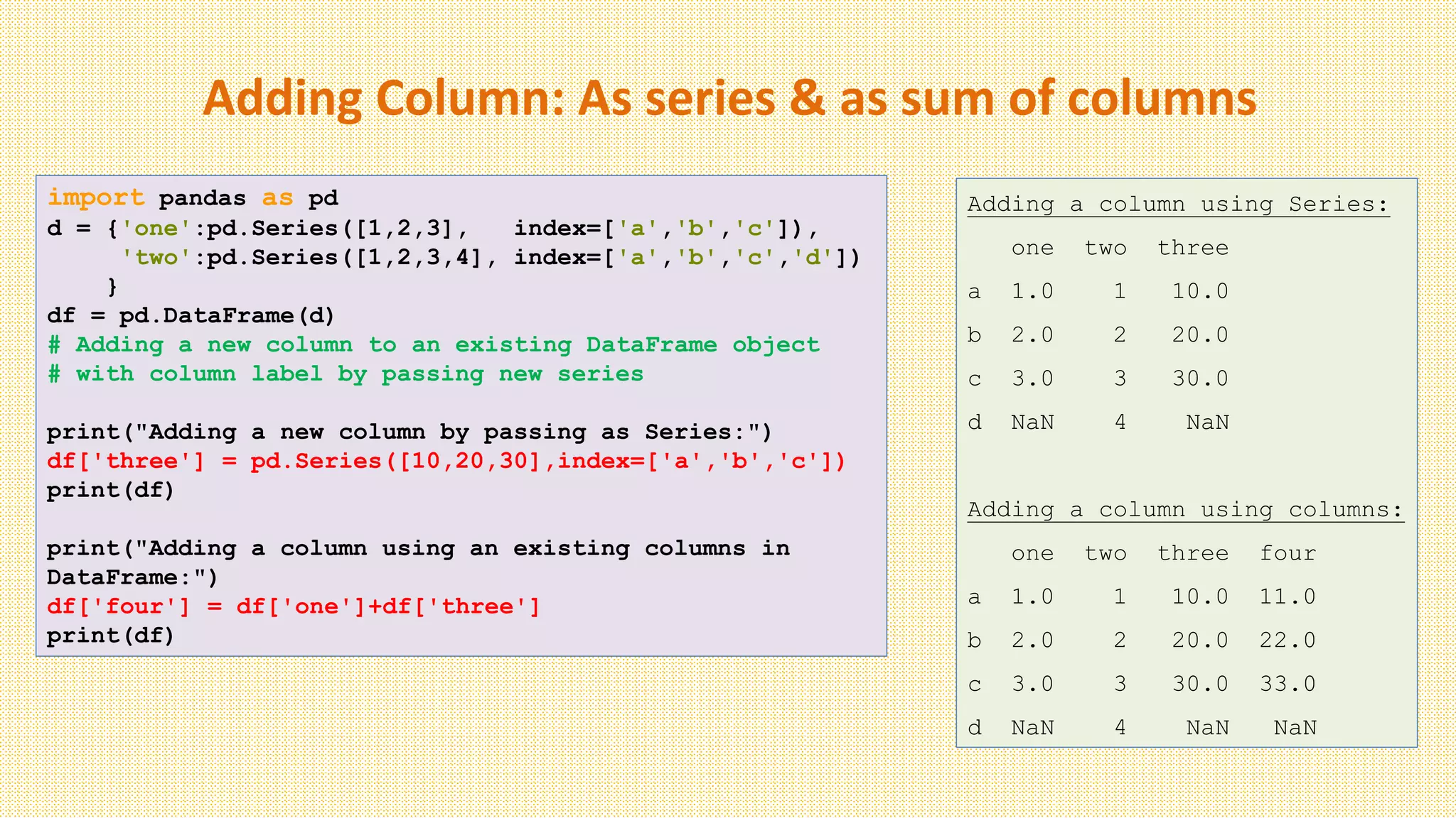 Adding Column: As series & as sum of columns
import pandas as pd
d = {'one':pd.Series([1,2,3], index=['a','b','c']),
'two':pd.Series([1,2,3,4], index=['a','b','c','d'])
}
df = pd.DataFrame(d)
# Adding a new column to an existing DataFrame object
# with column label by passing new series
print("Adding a new column by passing as Series:")
df['three'] = pd.Series([10,20,30],index=['a','b','c'])
print(df)
print("Adding a column using an existing columns in
DataFrame:")
df['four'] = df['one']+df['three']
print(df)
Adding a column using Series:
one two three
a 1.0 1 10.0
b 2.0 2 20.0
c 3.0 3 30.0
d NaN 4 NaN
Adding a column using columns:
one two three four
a 1.0 1 10.0 11.0
b 2.0 2 20.0 22.0
c 3.0 3 30.0 33.0
d NaN 4 NaN NaN
 