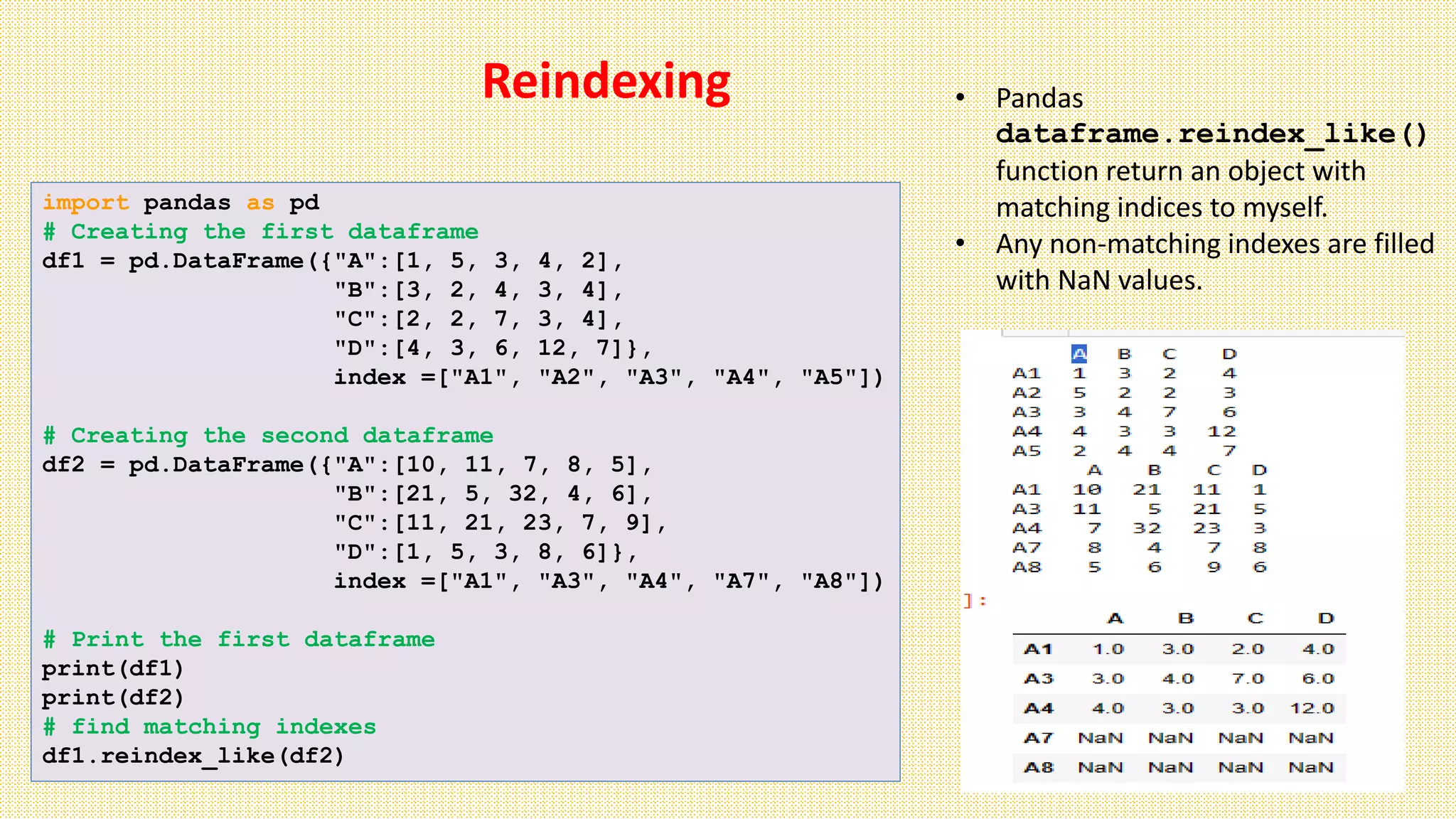 Reindexing
import pandas as pd
# Creating the first dataframe
df1 = pd.DataFrame({"A":[1, 5, 3, 4, 2],
"B":[3, 2, 4, 3, 4],
"C":[2, 2, 7, 3, 4],
"D":[4, 3, 6, 12, 7]},
index =["A1", "A2", "A3", "A4", "A5"])
# Creating the second dataframe
df2 = pd.DataFrame({"A":[10, 11, 7, 8, 5],
"B":[21, 5, 32, 4, 6],
"C":[11, 21, 23, 7, 9],
"D":[1, 5, 3, 8, 6]},
index =["A1", "A3", "A4", "A7", "A8"])
# Print the first dataframe
print(df1)
print(df2)
# find matching indexes
df1.reindex_like(df2)
• Pandas
dataframe.reindex_like()
function return an object with
matching indices to myself.
• Any non-matching indexes are filled
with NaN values.
 