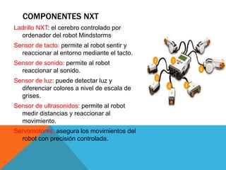 COMPONENTES NXT
Ladrillo NXT: el cerebro controlado por
ordenador del robot Mindstorms
Sensor de tacto: permite al robot sentir y
reaccionar al entorno mediante el tacto.
Sensor de sonido: permite al robot
reaccionar al sonido.
Sensor de luz: puede detectar luz y
diferenciar colores a nivel de escala de
grises.
Sensor de ultrasonidos: permite al robot
medir distancias y reaccionar al
movimiento.
Servomotores: asegura los movimientos del
robot con precisión controlada.
 