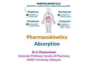 Pharmacokinetics
Absorption
Dr. S. Parasuraman
Associate Professor, Faculty of Pharmacy,
AIMST University, Malaysia.
 