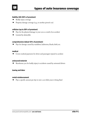 types of auto insurance coverage
www.practicalmoneyskills.com cars and loans	 slide 9-L
liability (40–50% of premium)
■	 Bodily injury coverage
■	 Property-damage coverage (e.g., to another person’s car)
collision (up to 30% of premium)
■	 Pays for the physical damage to your car as a result of an accident
■	 Limited by deductible
comprehensive (about 12% of premium)
■	 Pays for damage caused by vandalism, hailstorms, floods, theft, etc.
medical
■	 Covers medical payments for driver and passengers injured in accident
uninsured motorist
■	 Reimburses you for bodily injury in accidents caused by uninsured drivers
towing and labor
rental reimbursement
■	 Pays a specific amount per day to rent a car while yours is being fixed
 