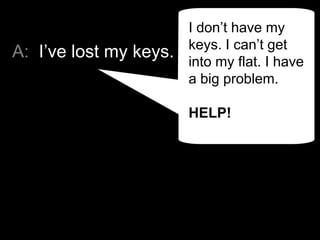 A: I’ve lost my keys.
I don’t have my
keys. I can’t get
into my flat. I have
a big problem.
HELP!
 