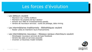 24
Les forces d’évolution
- Les éditeurs veulent
• Maintenir leur chiffre d’affaire
• Maintenir les emplois de leur secteur
• Amortir leur R&D et investissements passés
• Vendre de nouveaux services : outils de pilotage, data mining
- Les intermédiaires traditionnels : Bibliothèques veulent
- Rester utiles et maintenir leurs financements
- Les intermédiaires nouveaux : Réseaux sociaux chercheurs veulent
- Développer nouveaux services de type Facebook
- Vendre des data et services associés
- Inventer un Business model rentable
Université d’Angers24
 