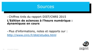 28
Sources
- Chiffres tirés du rapport DIST/CNRS 2015
L’Edition de sciences à l’heure numérique :
dynamiques en cours
- Plus d’informations, notes et rapports sur :
http://www.cnrs.fr/dist/etudes.html
Université d’Angers28
 