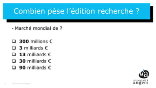 5
Combien pèse l’édition recherche ?
- Marché mondial de ?
 300 millions €
 3 milliards €
 13 milliards €
 30 milliards €
 90 milliards €
Université d’Angers5
 
