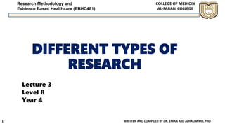 Research Methodology and
Evidence Based Healthcare (EBHC481)
DIFFERENT TYPES OF
RESEARCH
WRITTEN AND COMPILED BY DR. EMAN ABD ALHALIM MD, PHD1
Lecture 3
Level 8
Year 4
 