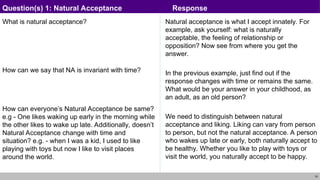 19
What is natural acceptance?
How can we say that NA is invariant with time?
How can everyone’s Natural Acceptance be same?
e.g - One likes waking up early in the morning while
the other likes to wake up late. Additionally, doesn’t
Natural Acceptance change with time and
situation? e.g. - when I was a kid, I used to like
playing with toys but now I like to visit places
around the world.
Natural acceptance is what I accept innately. For
example, ask yourself: what is naturally
acceptable, the feeling of relationship or
opposition? Now see from where you get the
answer.
In the previous example, just find out if the
response changes with time or remains the same.
What would be your answer in your childhood, as
an adult, as an old person?
We need to distinguish between natural
acceptance and liking. Liking can vary from person
to person, but not the natural acceptance. A person
who wakes up late or early, both naturally accept to
be healthy. Whether you like to play with toys or
visit the world, you naturally accept to be happy.
Question(s) 1: Natural Acceptance Response
 