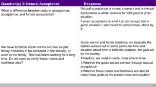24
What is difference between natural acceptance,
acceptance, and forced acceptance?
We have to follow social norms and live as per
family traditions to be accepted in the society, or
even in the family. This has been working for a long
time. Do we need to verify these norms and
traditions also?
Natural acceptance is innate, invariant and universal.
Acceptance is what I assume to hold good in given
situation.
Forced acceptance is what I do not accept, but in
given situation, I am forced to compromise, abide by
it.
Social norms and family traditions are basically the
details worked out at some particular time and
situation about how to fulfill the purpose, the goal set
by the society.
Therefore, we need to verify, from time to time-
1.Whether the goals set are correct- through natural
acceptance
2.Whether these norms and traditions are able to
meet those goals in the present time and situation
Question(s) 3: Natural Acceptance Response
 