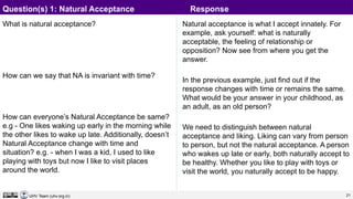 21
UHV Team (uhv.org.in)
What is natural acceptance?
How can we say that NA is invariant with time?
How can everyone’s Natural Acceptance be same?
e.g - One likes waking up early in the morning while
the other likes to wake up late. Additionally, doesn’t
Natural Acceptance change with time and
situation? e.g. - when I was a kid, I used to like
playing with toys but now I like to visit places
around the world.
Natural acceptance is what I accept innately. For
example, ask yourself: what is naturally
acceptable, the feeling of relationship or
opposition? Now see from where you get the
answer.
In the previous example, just find out if the
response changes with time or remains the same.
What would be your answer in your childhood, as
an adult, as an old person?
We need to distinguish between natural
acceptance and liking. Liking can vary from person
to person, but not the natural acceptance. A person
who wakes up late or early, both naturally accept to
be healthy. Whether you like to play with toys or
visit the world, you naturally accept to be happy.
Question(s) 1: Natural Acceptance Response
 