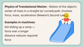 Physics of Translational Motion - Motion of the object’s
center of mass in a straight (or curved) path. Involves
force, mass, acceleration (Newton’s Second Law: ).
Kid sliding up a ramp —
force over a longer
distance reduces required
force
Examples in machines:
 