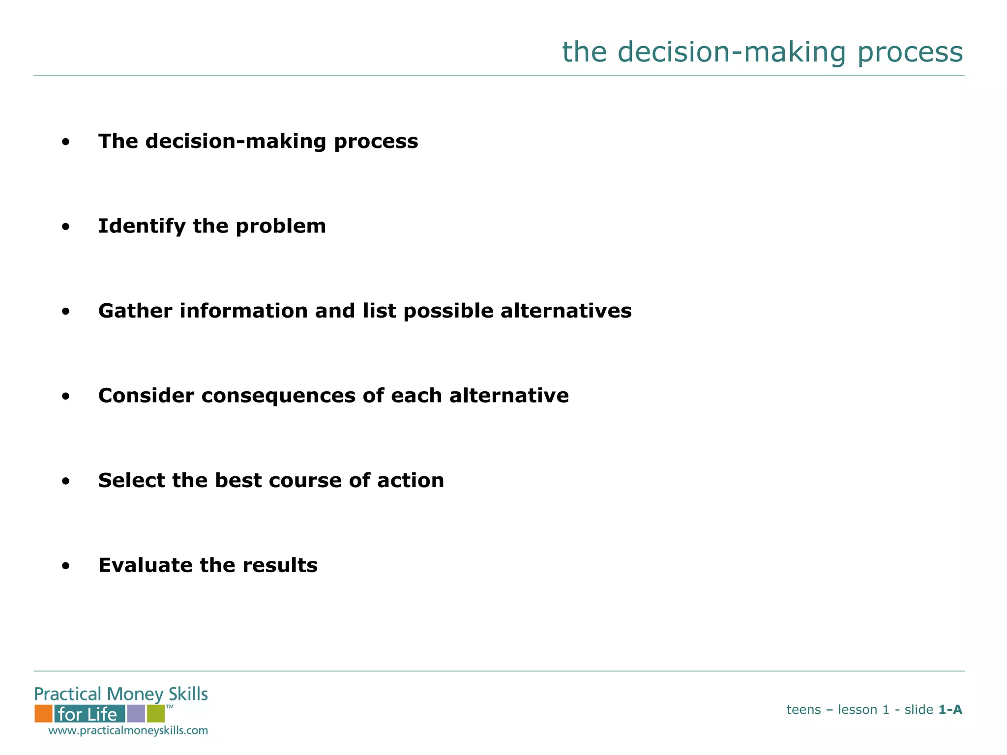the decision-making process The decision-making process Identify the problem Gather information and list possible alternatives Consider consequences of each alternative Select the best course of action Evaluate the results teens – lesson 1 - slide  1-A 