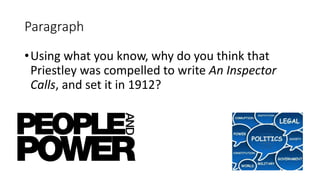 Paragraph
•Using what you know, why do you think that
Priestley was compelled to write An Inspector
Calls, and set it in 1912?
 