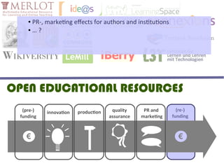 ● PR-, marketing effects for authors and institutions
    ● … ?




OPEN EDUCATIONAL RESOURCES
  (pre-)   innovation   production    quality     PR and       (re-)
 funding                             assurance   marketing   funding



   €                                                           €
 