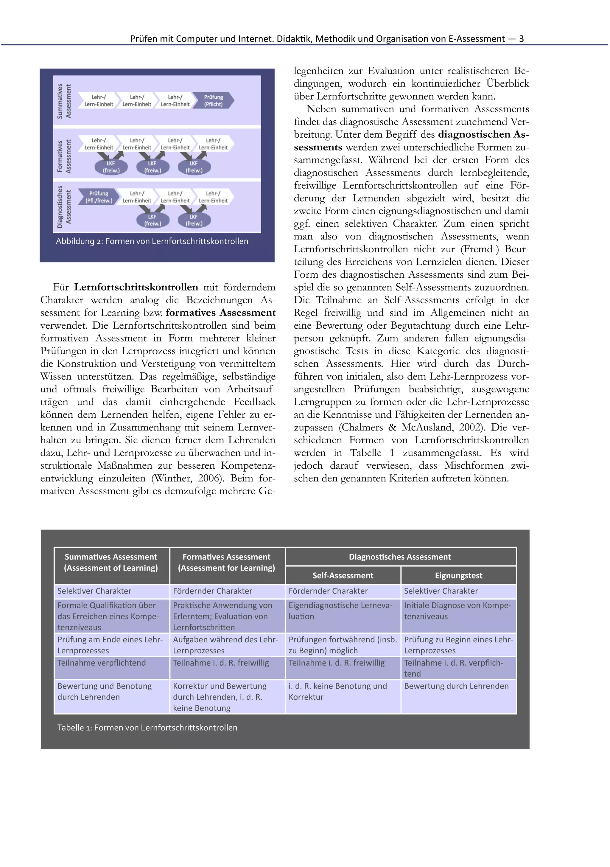 Prüfen	
  mit	
  Computer	
  und	
  Internet.	
  Didak*k,	
  Methodik	
  und	
  Organisa*on	
  von	
  E-­‐Assessment	
  —	
  3


                                                                                                 legenheiten zur Evaluation unter realistischeren Be-
                                                                                                 dingungen, wodurch ein kontinuierlicher Überblick
                                                                                                 über Lernfortschritte gewonnen werden kann.
                                                                                                     Neben summativen und formativen Assessments
                                                                                                 findet das diagnostische Assessment zunehmend Ver-
                                                                                                 breitung. Unter dem Begriff des diagnostischen As-
                                                                                                 sessments werden zwei unterschiedliche Formen zu-
                                                                                                 sammengefasst. Während bei der ersten Form des
                                                                                                 diagnostischen Assessments durch lernbegleitende,
                                                                                                 freiwillige Lernfortschrittskontrollen auf eine För-
                                                                                                 derung der Lernenden abgezielt wird, besitzt die
                                                                                                 zweite Form einen eignungsdiagnostischen und damit
                                                                                                 ggf. einen selektiven Charakter. Zum einen spricht
   Abbildung	
  2:	
  Formen	
  von	
  Lernfortschrittskontrollen                                man also von diagnostischen Assessments, wenn
                                                                                                 Lernfortschrittskontrollen nicht zur (Fremd-) Beur-
                                                                                                 teilung des Erreichens von Lernzielen dienen. Dieser
                                                                                                 Form des diagnostischen Assessments sind zum Bei-
   Für Lernfortschrittskontrollen mit förderndem                                                 spiel die so genannten Self-Assessments zuzuordnen.
Charakter werden analog die Bezeichnungen As-                                                    Die Teilnahme an Self-Assessments erfolgt in der
sessment for Learning bzw. formatives Assessment                                                 Regel freiwillig und sind im Allgemeinen nicht an
verwendet. Die Lernfortschrittskontrollen sind beim                                              eine Bewertung oder Begutachtung durch eine Lehr-
formativen Assessment in Form mehrerer kleiner                                                   person geknüpft. Zum anderen fallen eignungsdia-
Prüfungen in den Lernprozess integriert und können                                               gnostische Tests in diese Kategorie des diagnosti-
die Konstruktion und Verstetigung von vermitteltem                                               schen Assessments. Hier wird durch das Durch-
Wissen unterstützen. Das regelmäßige, selbständige                                               führen von initialen, also dem Lehr-Lernprozess vor-
und oftmals freiwillige Bearbeiten von Arbeitsauf-                                               angestellten Prüfungen beabsichtigt, ausgewogene
trägen und das damit einhergehende Feedback                                                      Lerngruppen zu formen oder die Lehr-Lernprozesse
können dem Lernenden helfen, eigene Fehler zu er-                                                an die Kenntnisse und Fähigkeiten der Lernenden an-
kennen und in Zusammenhang mit seinem Lernver-                                                   zupassen (Chalmers & McAusland, 2002). Die ver-
halten zu bringen. Sie dienen ferner dem Lehrenden                                               schiedenen Formen von Lernfortschrittskontrollen
dazu, Lehr- und Lernprozesse zu überwachen und in-                                               werden in Tabelle 1 zusammengefasst. Es wird
struktionale Maßnahmen zur besseren Kompetenz-                                                   jedoch darauf verwiesen, dass Mischformen zwi-
entwicklung einzuleiten (Winther, 2006). Beim for-                                               schen den genannten Kriterien auftreten können.
mativen Assessment gibt es demzufolge mehrere Ge-




     Summa1ves	
  Assessment	
                    Forma1ves	
  Assessment	
                                           Diagnos1sches	
  Assessment	
  
     (Assessment	
  of	
  Learning)	
            (Assessment	
  for	
  Learning)	
  
                                                                                                        Self-­‐Assessment                               Eignungstest
   Selek*ver	
  Charakter	
                    Fördernder	
  Charakter	
                       Fördernder	
  Charakter	
                    Selek*ver	
  Charakter	
  
   Formale	
  Qualiﬁka*on	
  über              Prak*sche	
  Anwendung	
  von                   Eigendiagnos*sche	
  Lerneva-­‐              Ini*ale	
  Diagnose	
  von	
  Kompe-­‐
   das	
  Erreichen	
  eines	
  Kompe-­‐       Erlerntem;	
  Evalua*on	
  von                  lua*on	
                                     tenzniveaus	
  
   tenzniveaus	
                               LernfortschriFen	
  
   Prüfung	
  am	
  Ende	
  eines	
  Lehr-­‐   Aufgaben	
  während	
  des	
  Lehr-­‐           Prüfungen	
  fortwährend	
  (insb. Prüfung	
  zu	
  Beginn	
  eines	
  Lehr-­‐
   Lernprozesses	
                             Lernprozesses	
                                 zu	
  Beginn)	
  möglich	
                    Lernprozesses	
  
   Teilnahme	
  verpﬂichtend	
                 Teilnahme	
  i.	
  d.	
  R.	
  freiwillig	
     Teilnahme	
  i.	
  d.	
  R.	
  freiwillig	
   Teilnahme	
  i.	
  d.	
  R.	
  verpﬂich-­‐
                                                                                                                                             tend	
  
   Bewertung	
  und	
  Benotung                Korrektur	
  und	
  Bewertung                   i.	
  d.	
  R.	
  keine	
  Benotung	
  und    Bewertung	
  durch	
  Lehrenden	
  
   durch	
  Lehrenden	
                        durch	
  Lehrenden,	
  i.	
  d.	
  R.           Korrektur	
  
                                               keine	
  Benotung	
  

   Tabelle	
  1:	
  Formen	
  von	
  Lernfortschrittskontrollen
 
