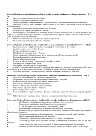 Extrovertido, função principal pensamento, função auxiliar sensação, função menos utilizada sentimento E Ps
Ss
• Usam o pensamento para controlar o mundo.
• São lógicas, analíticas, críticas e racionais.
• Atenção voltada para o trabalho ou tarefas a serem executadas e não para as pessoas que irão executá-las.
• Gostam de organizar fatos, situações e opções ligadas a um projeto, assim como realizar os objetivos
definidos no prazo.
• São impacientes, podendo chegar a serem duras e inflexíveis.
• Preferem o aqui e agora, sendo práticas e realistas.
• Preferem tipos de trabalho onde os resultados de seus esforços sejam imediatos e visíveis. O mundo dos
negócios, da indústria, da produção, construção. Onde possam colocar objetivos a serem alcançados, tomar decisões e
dar as ordens necessárias para a execução.
• Podem ser impulsivas, sem levar em conta o que os outros dizem.
• Precisam fazer o esforço para valorizar o sentimento.
Extrovertido, função principal sensação, função auxiliar pensamento, função menos utilizada intuição E Ss Ps
• Realistas, amistosas e adaptáveis. Confiam no que podem conhecer através dos sentidos.
• Aceitam com bom-humor os fatos da vida.
• Procurar conciliar do que impor.
• São adaptáveis, com mente aberta e flexíveis.
• Ótimas para avaliar tensões e fazer com que as partes de um conflito cheguem a um acordo.
• Curiosidade ao que é apresentado aos sentidos.
• Boas em solucionar problemas.
• Focam a atenção no presente. Tomam decisões baseados na lógica.
• Aprendem mais pela experiência direta.
• Não confiam em teorias que não foram testadas.
• Profissões: realismo, ação e adaptação – engenharia, carreira policial, marketing, tecnologias da saúde, lazer,
construção etc. Carreiras onde a coragem física e a habilidade de resolver problemas sejam valorizadas.
• Necessitam desenvolver a função sentimento, para usar seus valores pessoais com referência.
Introvertido, função principal intuição, função auxiliar sentimento, função menos utilizada sensação I In St
• Inovadoras, confiam na intuição, estimuladas por problemas.
• Independentes e individuais, mas dão importância à harmonia e à concórdia.
• Forma de liderança: conquista de outras pessoas para sua causa.
• Trabalhos que possam usar a intuição e sentimentos.
• Sentem-se atraídos pelo magistério, formal ou artístico.
• Áreas técnicas ligadas à Ciência e à pesquisa.
• Intensa devoção a seus projetos.
• Precisam trabalhar a função sentimento – fornecer padrões para julgamento. Precisam atenção às opiniões
alheias.
• Podem tentar impor suas regras a tudo e a todos e consequentemente realizar muito pouco.
Introvertido, função principal sentimento, função auxiliar intuição, função menos utilizada pensamentoI I St In
• Calor humano, o que só demonstram depois de conhecer a outra pessoa bem.
• Cumprem com lealdade deveres e obrigações para com suas idéias.
• A visão do mundo se faz partir de seus valores pessoais e ideais .
• Expressam muito raramente seus sentimentos mais profundos – reservados.
• Tolerantes, abertas, compreensivas, flexíveis e adaptáveis. Contudo, se algo ameaça suas lealdades
não cedem num centímetro.
• Não querem impressionar ou dominar os outros, a não ser que seja necessário pela profissão.
• São eficientes quando trabalham no que acreditam.
• Desejam que o trabalho que realiza contribua para os demais. Perfeccionistas.
• Curiosidade por idéias novas. Interesses literários, boa capacidade de expressão, mas não são bons
escritores.
• Grande habilidade e capacidade de convencer os outros; não são barulhentos mas profundos.
• Profissões relacionadas ao aconselhamento em geral: ensino, arte, literatura, ciência ou psicologia.
13
 